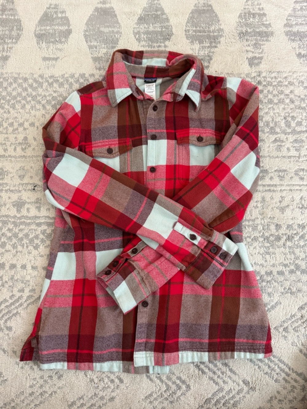 Patagonia Red, Brown & Light Blue Plaid Button-Down Shirt